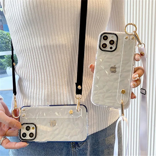 Diamond Pattern Lanyard Shockproof Hard Phone Case For iPhone