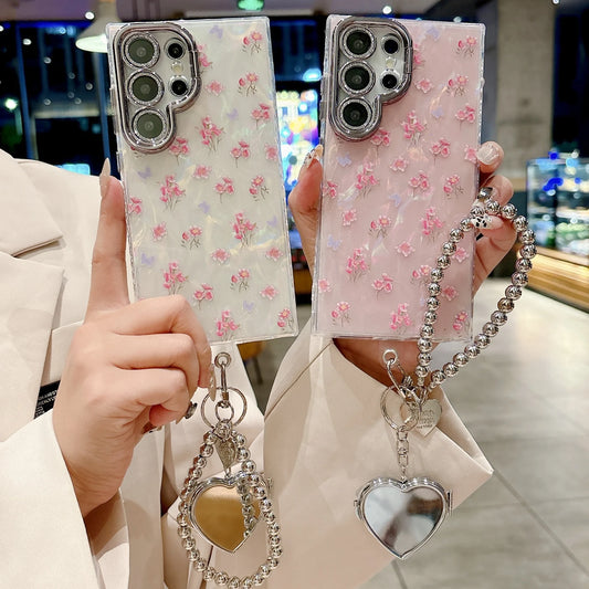 Glitter Flower Heart Mirror Wrist Strap Case for Samsung