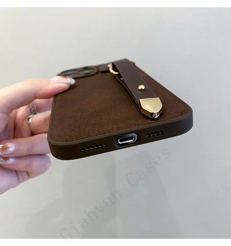 Retro Leather Coffee Wrist Strap Phone Case For iphone