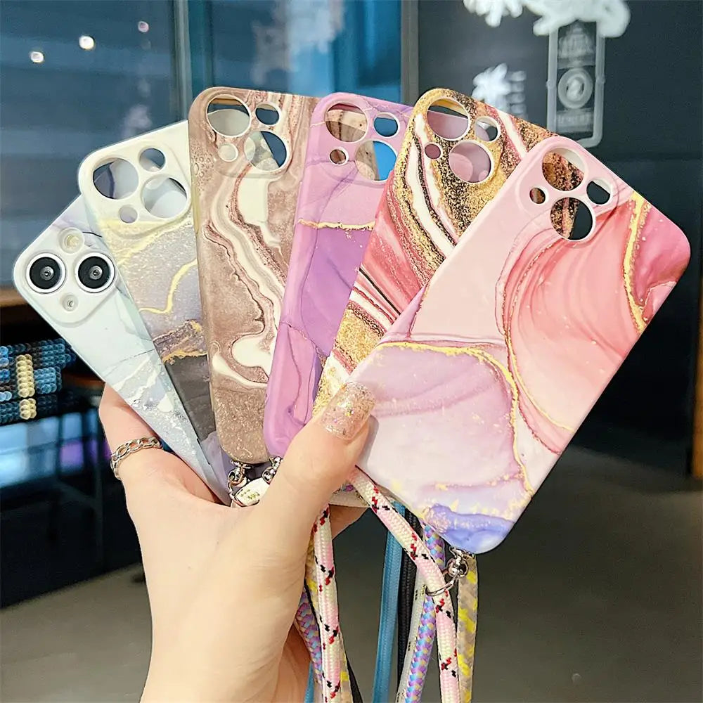 Marble Agate Crossbody Cord Rope Necklace Landyard Case For iPhone