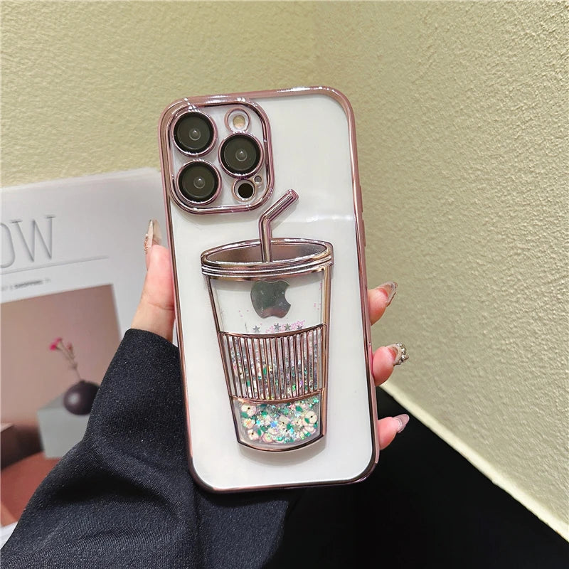 Fashion Milk Tea Cup Bling Glitter Star Quicksand Case For iPhone