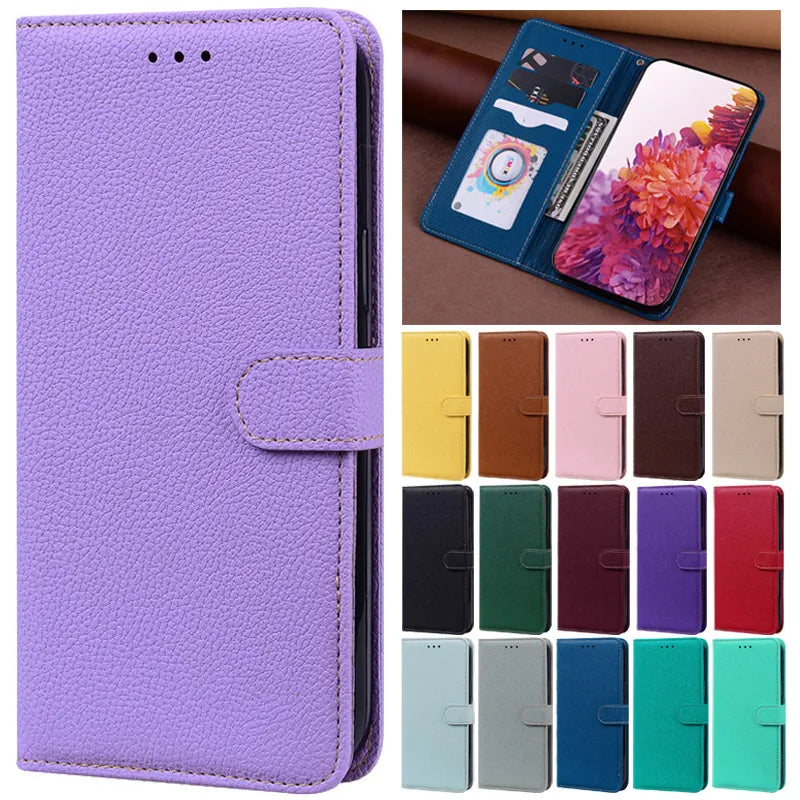 Solid Color Leather Wallet Phone Case For Samsung Galaxy