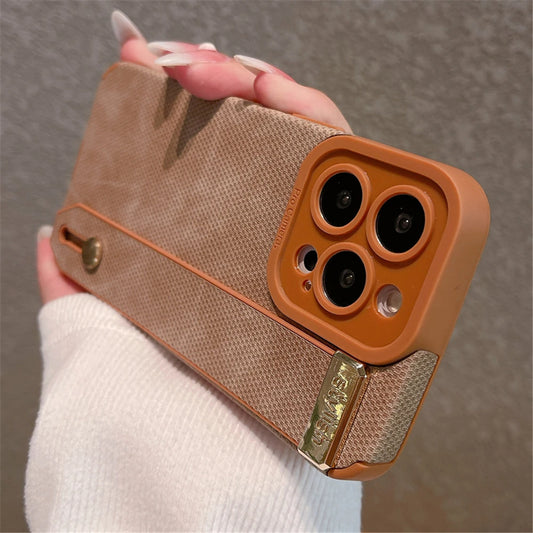 Luxury Leather Wrist Strap Holder Stand Phone Bracket Case For iPhone