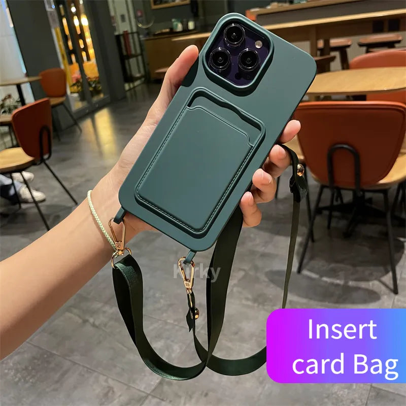 Insert Card Bag Soft iPhone Case With Crossbody Lanyard