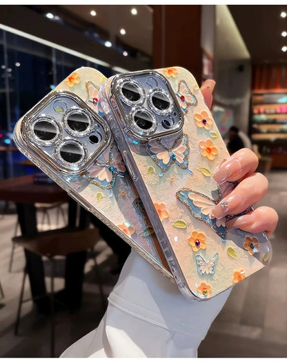 Luxury Butterfly Flowers Laser Glitter Phone Case For iPhone