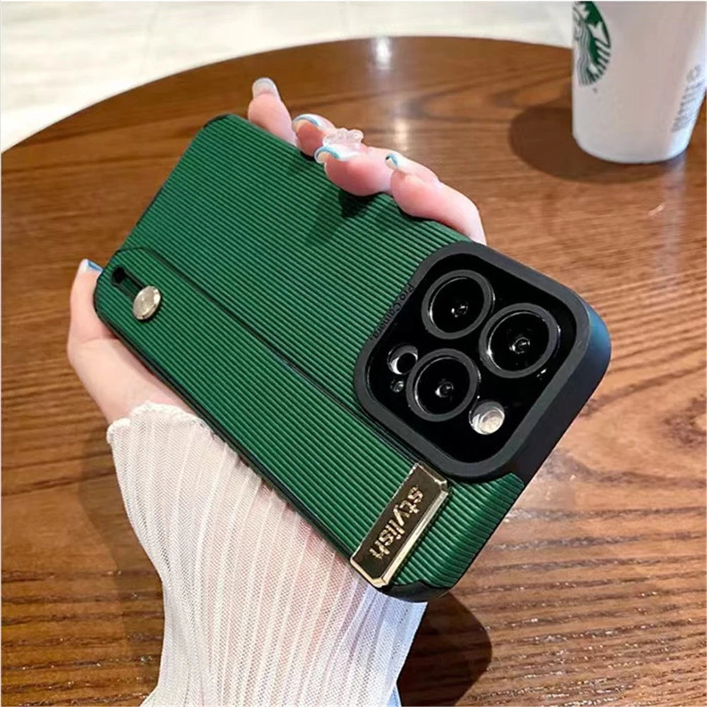 Stripe Leather Texture Wrist Strap Holder Case For iPhone