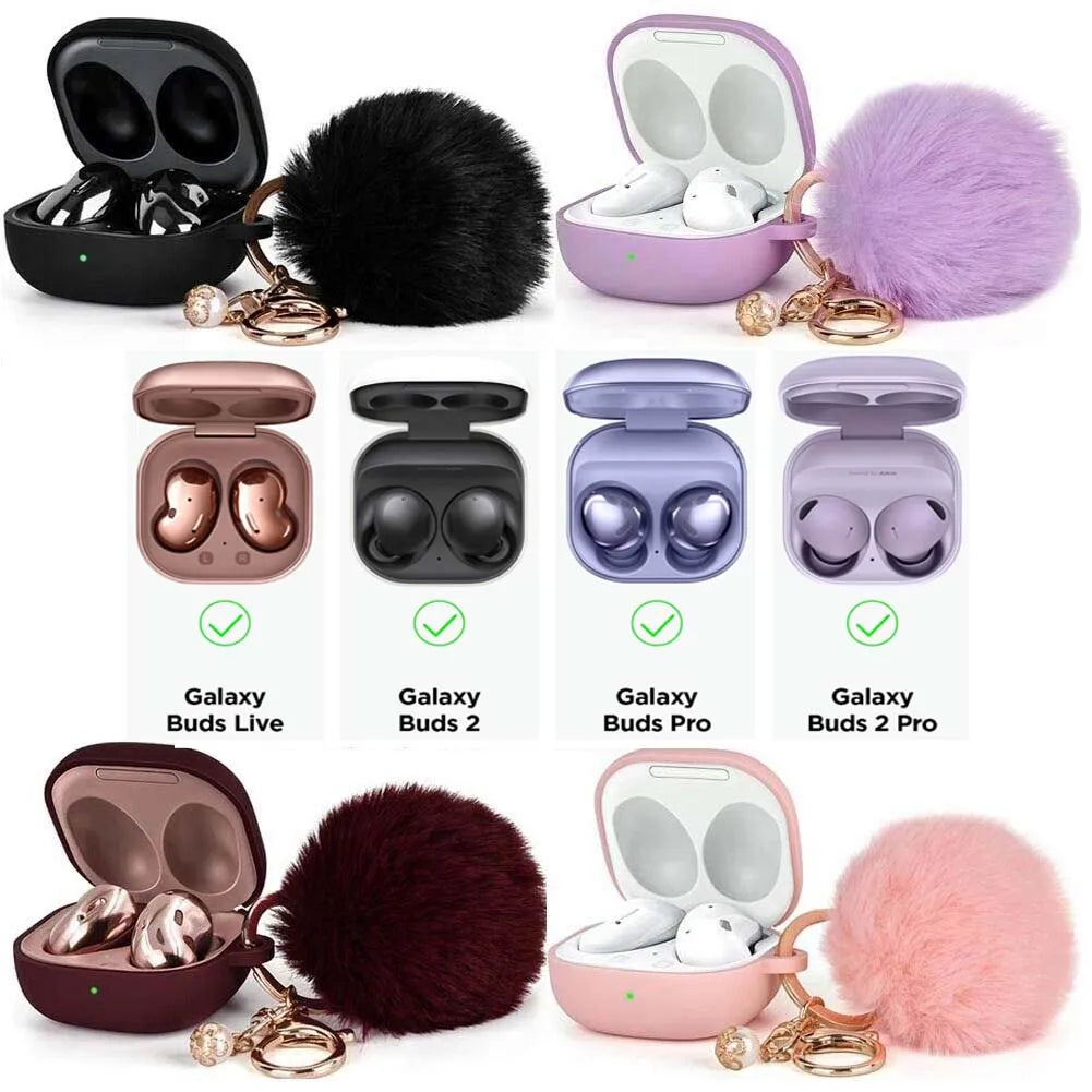 Silicone Cute Galaxy Buds Case with Pompom Keychain