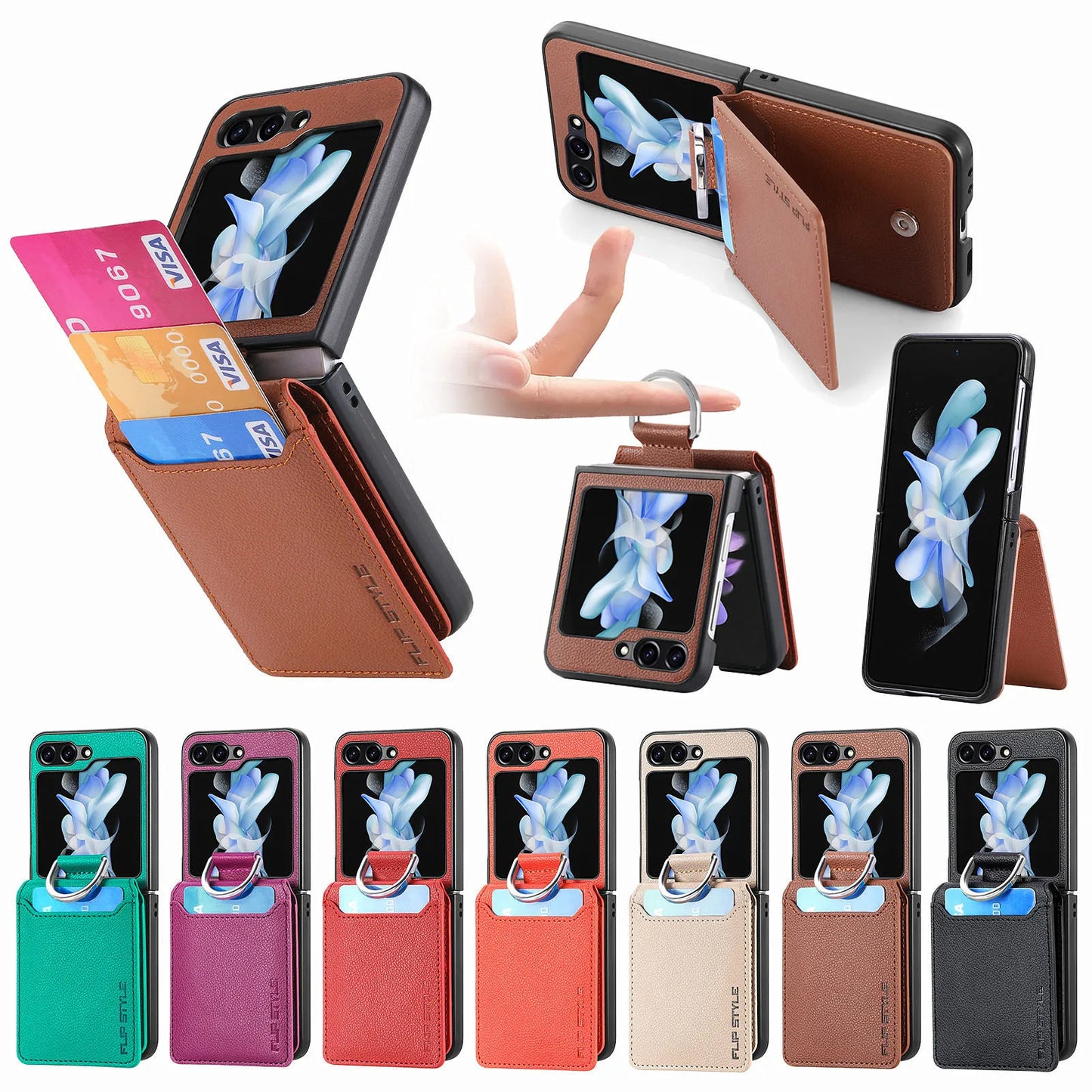 Leather Wallet Finger Ring Phone Case For Galaxy Z Flip