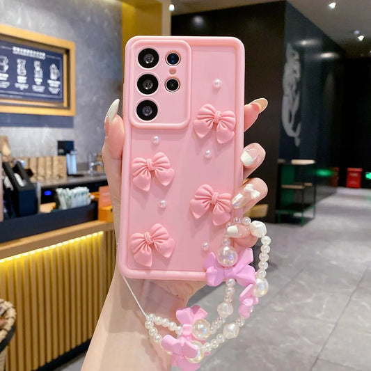 3D Pearl Pink Bow Lanyard Phone Case For Samsung