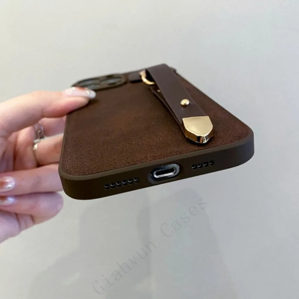 Retro Leather Coffee Wrist Strap Phone Case For iphone