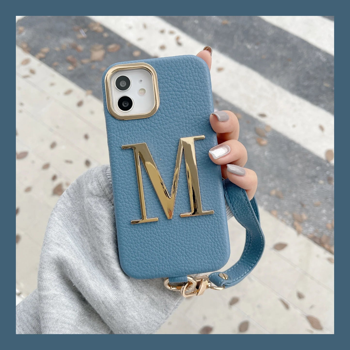 Leather Custom Initial with Hand Rope Gold Letters Phone Case For iPhone