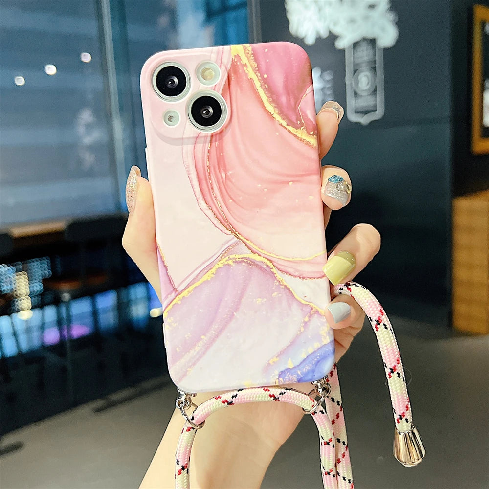 Marble Agate Crossbody Cord Rope Necklace Landyard Case For iPhone