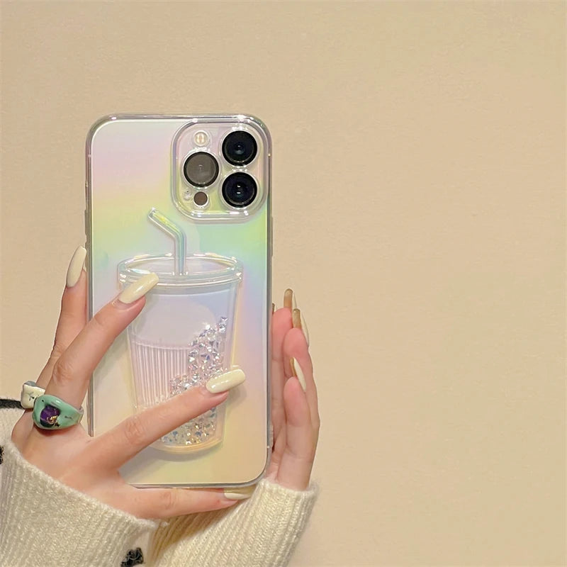 Fashion Milk Tea Cup Bling Glitter Star Quicksand Case For iPhone