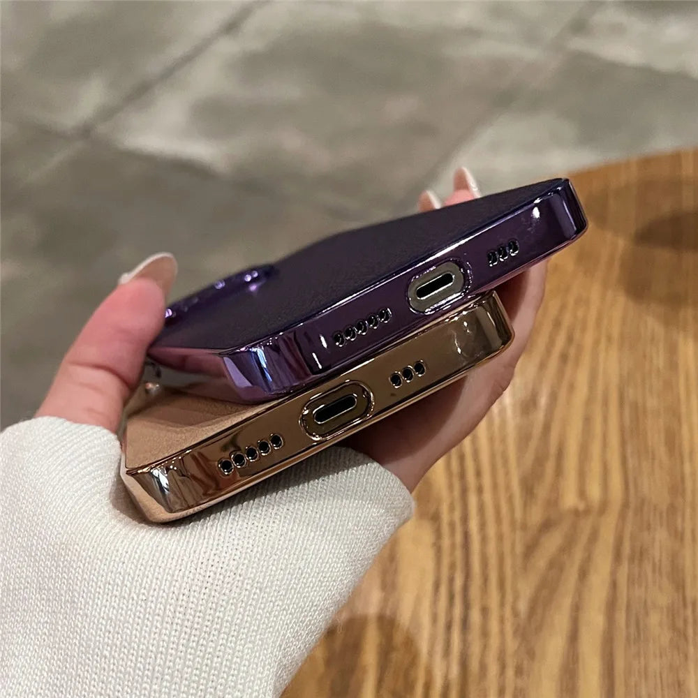 Luxury Lambskin Leather Plating Phone Case For iPhone