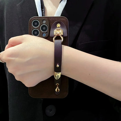 Retro Leather Coffee Wrist Strap Phone Case For iphone