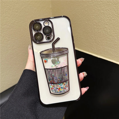 Fashion Milk Tea Cup Bling Glitter Star Quicksand Case For iPhone