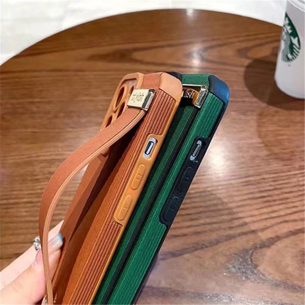 Stripe Leather Texture Wrist Strap Holder Case For iPhone