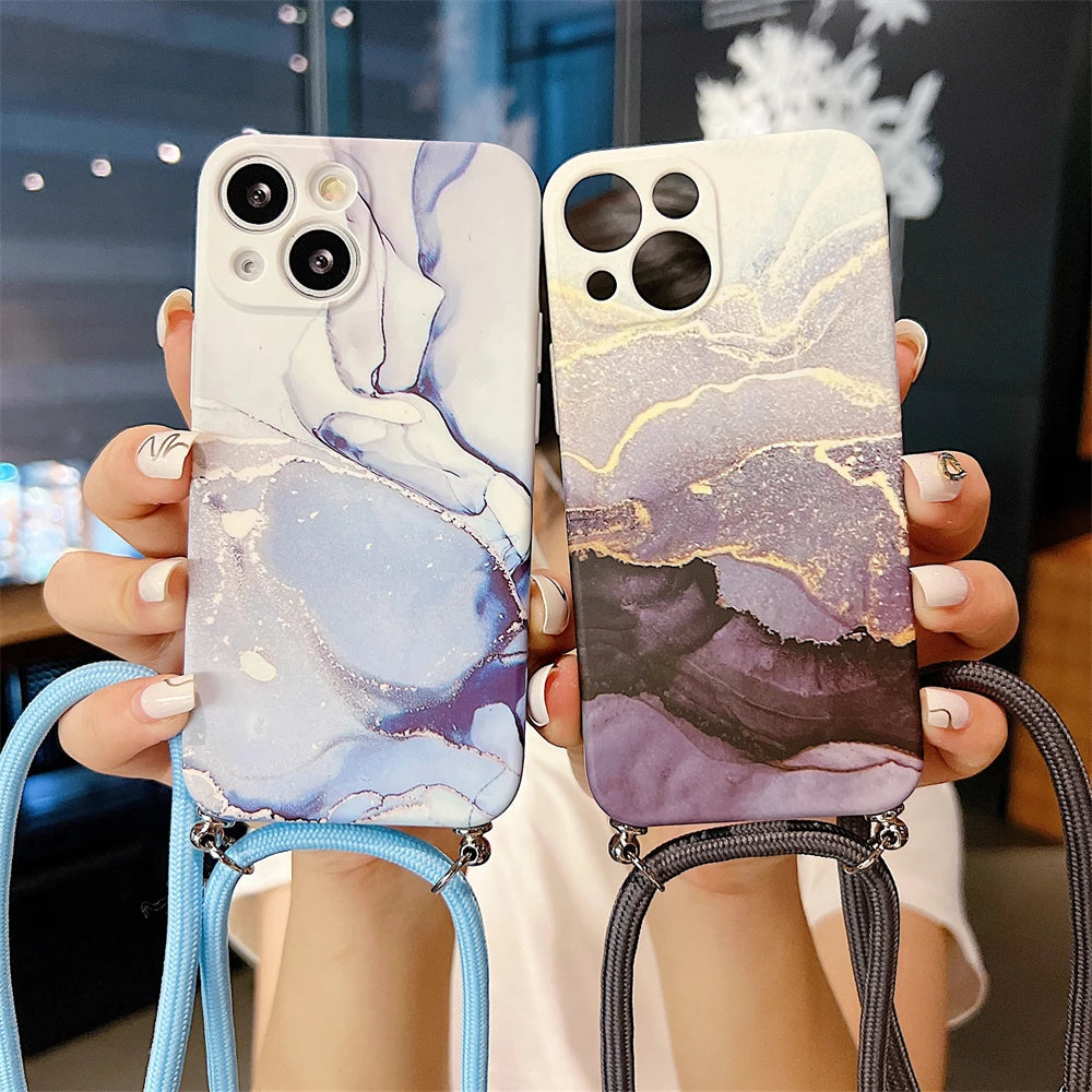 Marble Agate Crossbody Cord Rope Necklace Landyard Case For iPhone