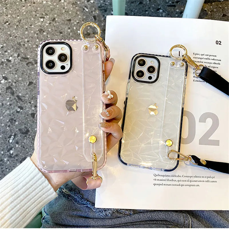 Diamond Pattern Lanyard Shockproof Hard Phone Case For iPhone