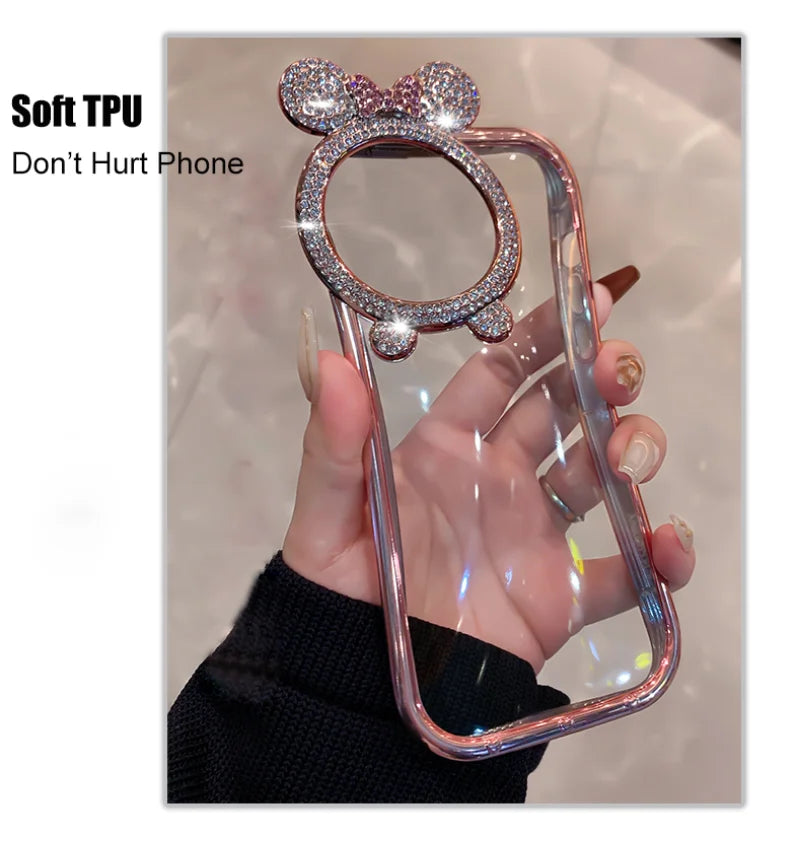 Luxury Transparent Bling Diamond Bear Ear Soft Case for iPhone