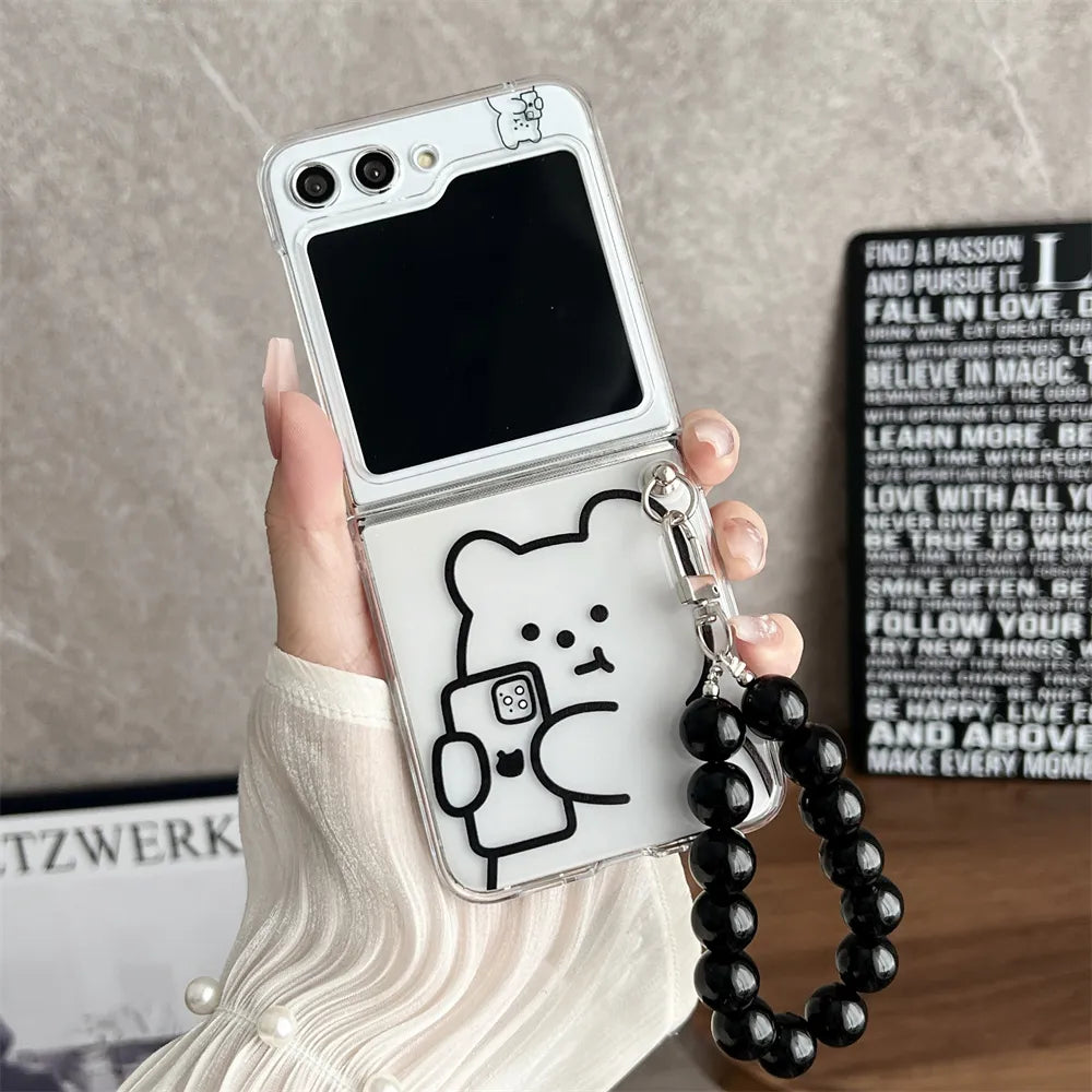 Cute Bear Clear Phone Case with Pearl Bracelet for Samsung Galaxy Z