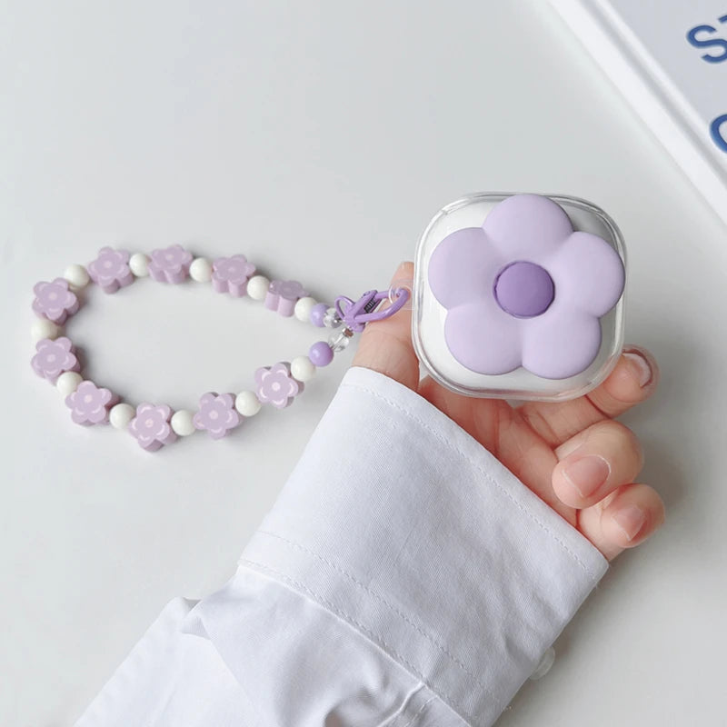 Cute Purple Flower Clear Earbuds Cover with Bracelet