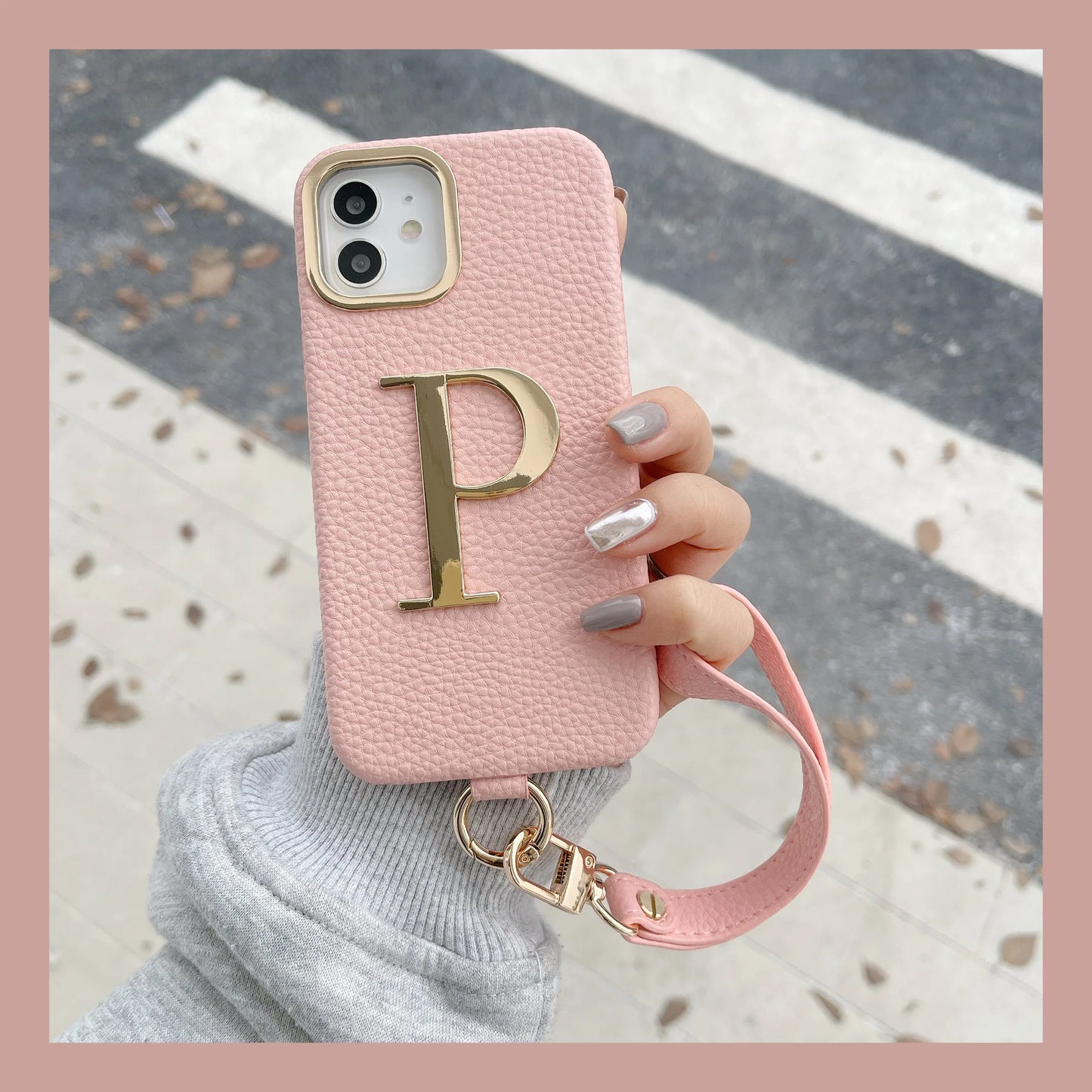 Leather Custom Initial with Hand Rope Gold Letters Phone Case For iPhone