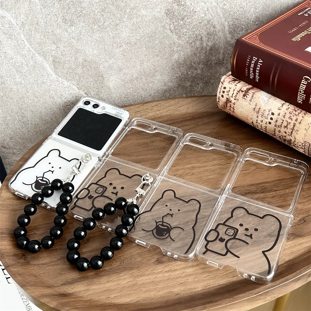 Cute Bear Clear Phone Case with Pearl Bracelet for Samsung Galaxy Z