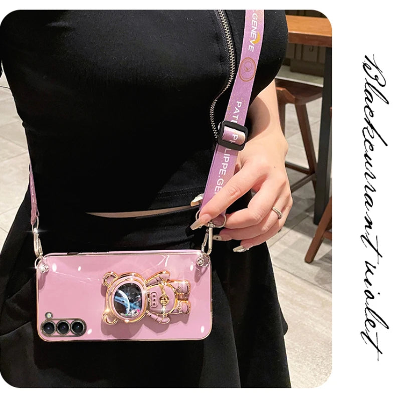 Crossbody Lanyard Quicksand Space Bear Plating Case