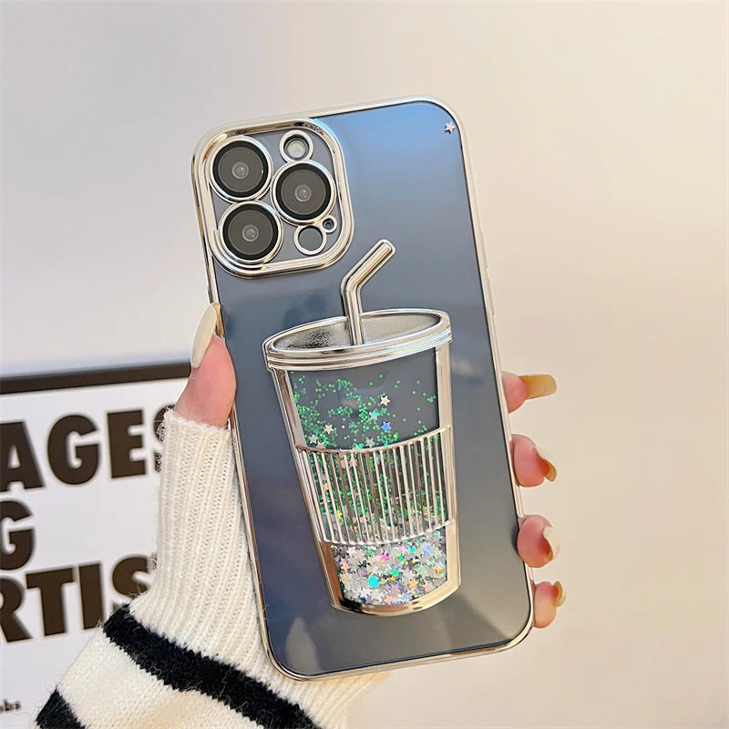 Fashion Milk Tea Cup Bling Glitter Star Quicksand Case For iPhone