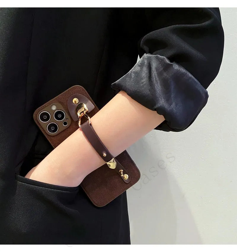 Retro Leather Coffee Wrist Strap Phone Case For iphone