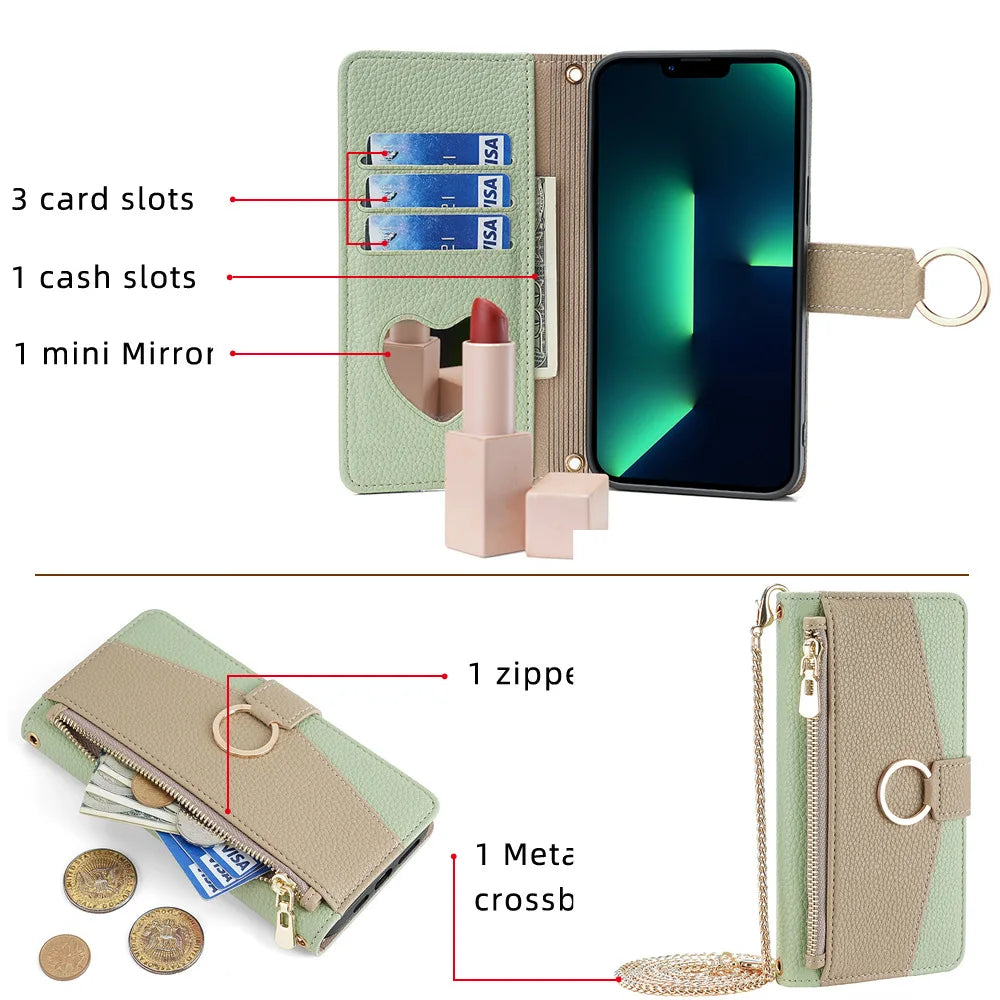 Leather Wallet Crossbody Flip Case For iPhone