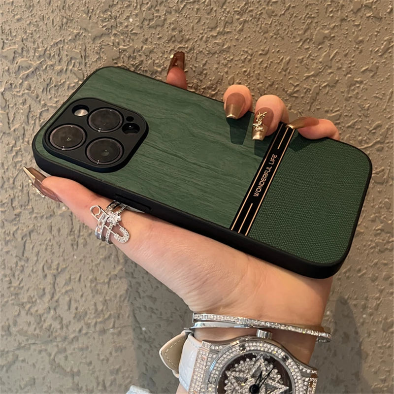 Luxury Leather Wood Grain Case For iPhone