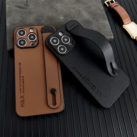 Luxury Sheepskin Leather Texture Wrist Strap Holder Case For iPhone