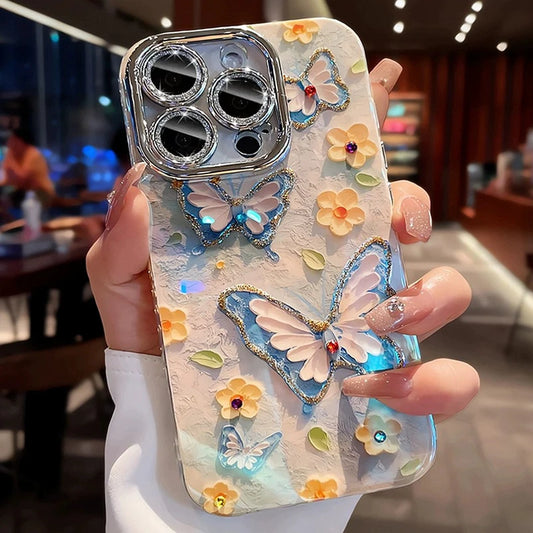 Luxury Butterfly Flowers Laser Glitter Phone Case For iPhone