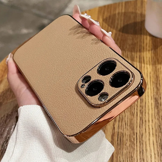 Luxury Lambskin Leather Plating Phone Case For iPhone