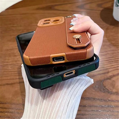 Stripe Leather Texture Wrist Strap Holder Case For iPhone