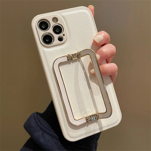 Luxury Leather Metal Fold Stand Bracket Holder Case For iPhone