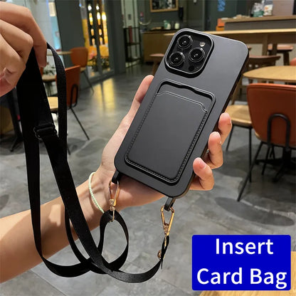 Insert Card Bag Soft iPhone Case With Crossbody Lanyard