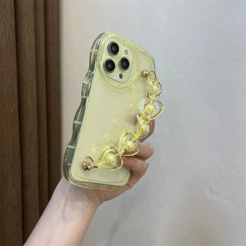 3D Love Heart Wrist Chian Wavy Transparent Soft Phone Case