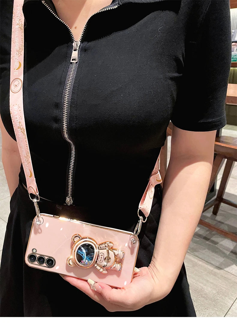 Crossbody Lanyard Quicksand Space Bear Plating Case