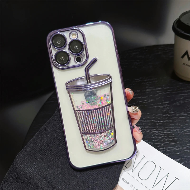 Fashion Milk Tea Cup Bling Glitter Star Quicksand Case For iPhone