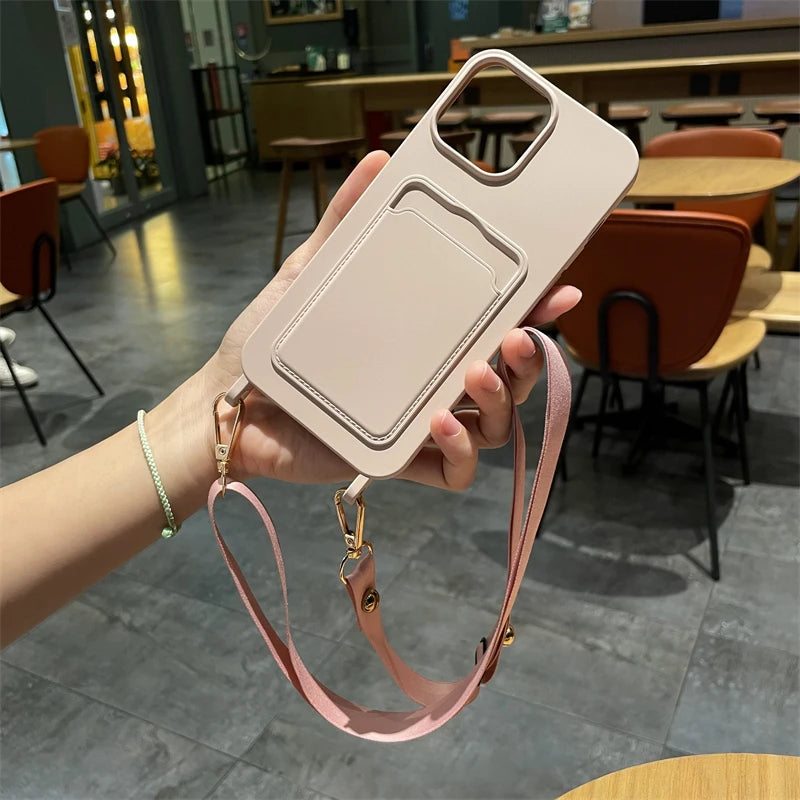 Insert Card Bag Soft iPhone Case With Crossbody Lanyard