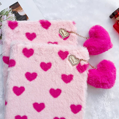 Furry Cover Love Heart Pendant Plush Flip Case For iPad