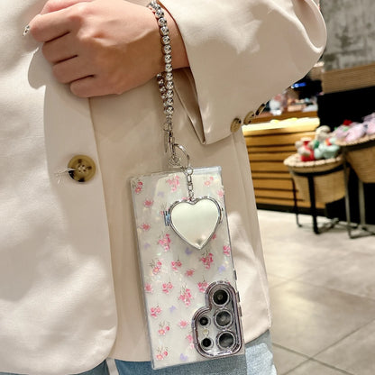 Glitter Flower Heart Mirror Wrist Strap Case for Samsung